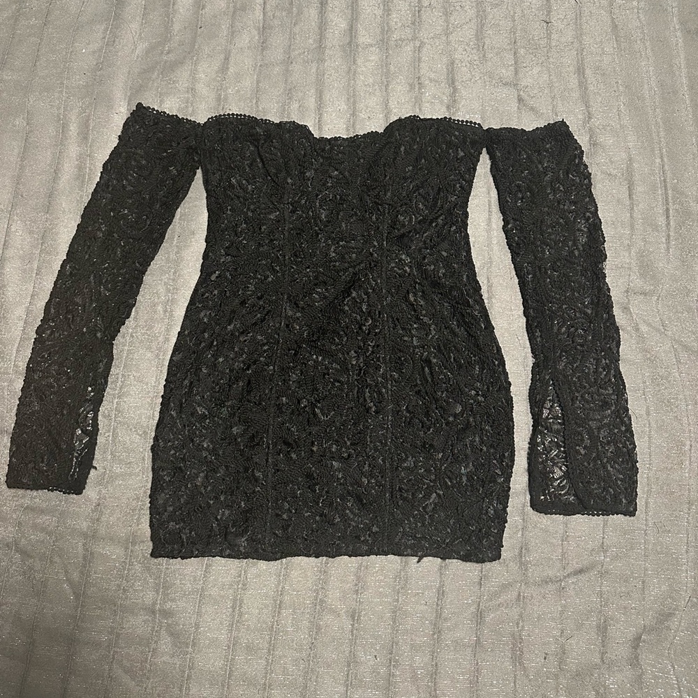 Black Lace Bardot Long Split Sleeve Bodycon Dress